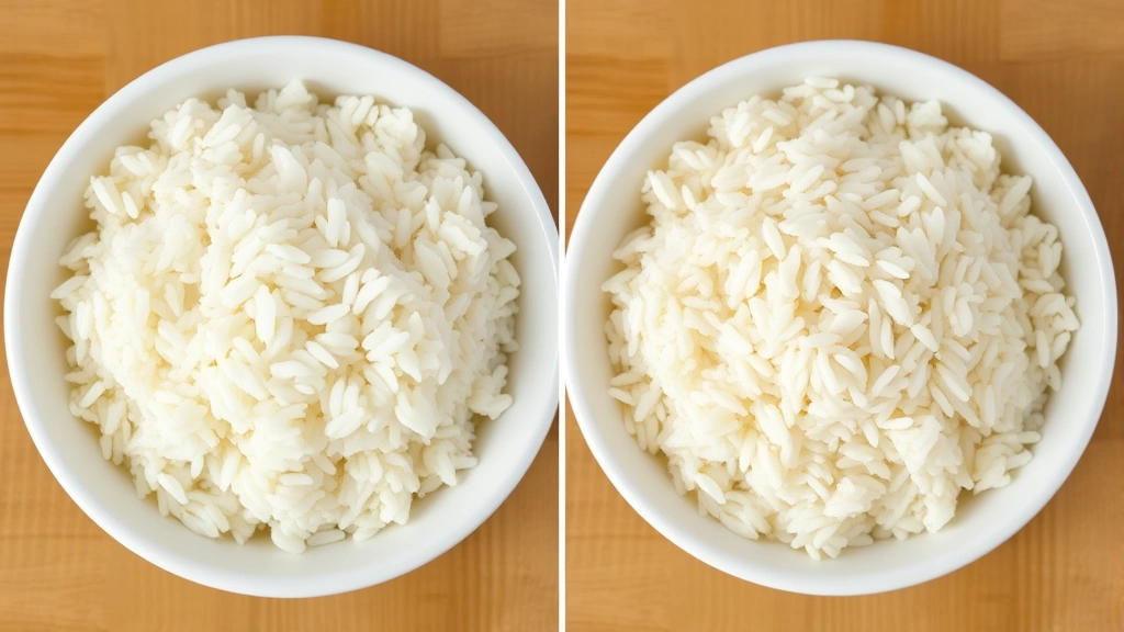 Split-screen comparison showing two bowls of cooked rice side by side: left bowl shows fluffy separated white grains, right bowl shows clumpy gummy rice texture, white ceramic bowls on wooden table