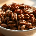 Close-up of golden-brown roasted pecans in a white ceramic bowl on a wooden kitchen counter, with a wooden spoon beside it and natural sunlight streaming across the surface