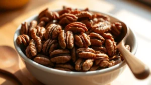 Close-up of golden-brown roasted pecans in a white ceramic bowl on a wooden kitchen counter, with a wooden spoon beside it and natural sunlight streaming across the surface