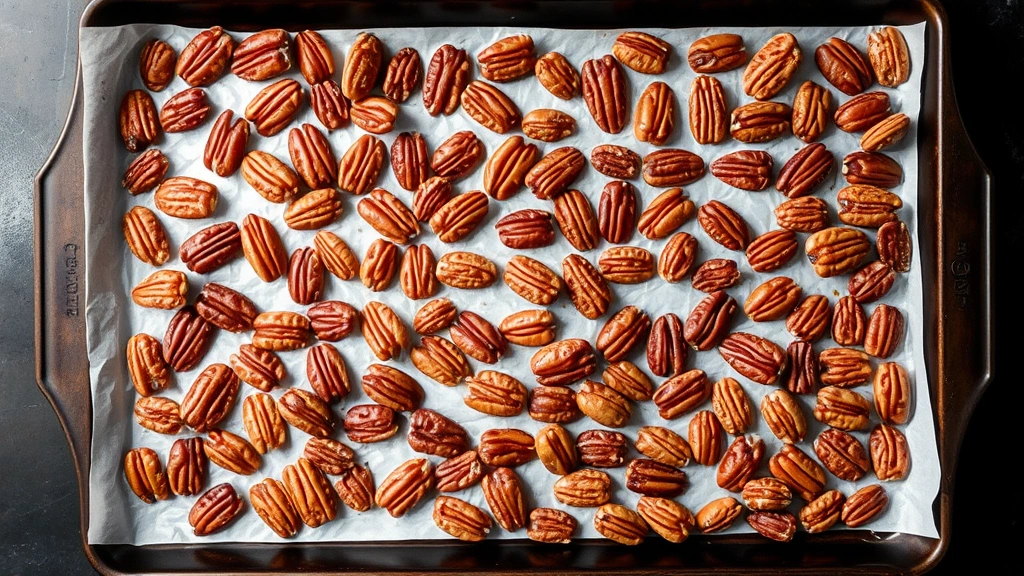 Overhead view of raw pecans spread in a single layer on white parchment paper on a dark baking sheet, ready for roasting in the oven