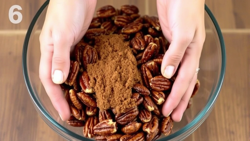 Hands tossing roasted pecans with cinnamon and brown sugar in a glass bowl, showing the coating and texture of freshly roasted nuts mid-preparation