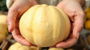 Close-up of hands holding a firm, pale yellow spaghetti squash at a farmers market or grocery store, showing proper selection technique with natural daylight