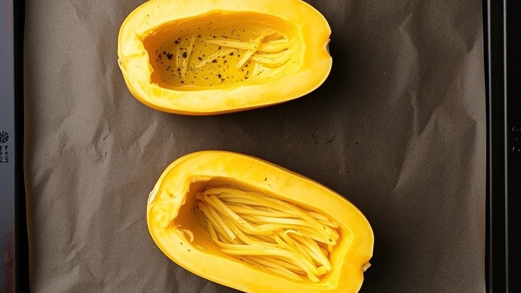 Overhead view of two halved raw spaghetti squash on a dark baking sheet lined with parchment paper, seeds removed and flesh brushed with olive oil and herbs