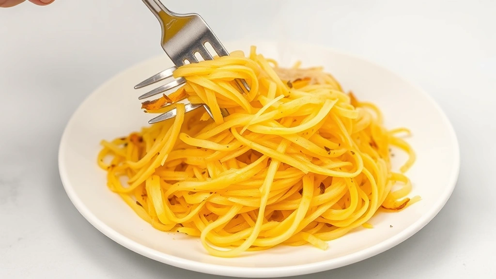 Fork shredding golden-brown roasted spaghetti squash flesh into delicate strands on a white plate, steam rising, showing the characteristic noodle-like texture