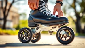 Close-up of quad roller skates being adjusted by hands, showing boot, wheels, and laces in bright outdoor sunlight