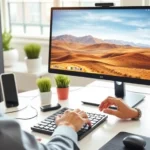 Person working at desktop computer with landscape monitor, hands on keyboard, bright modern office environment with clean desk setup