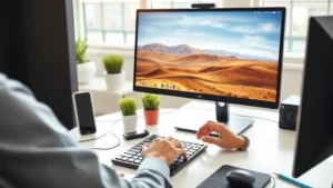 Person working at desktop computer with landscape monitor, hands on keyboard, bright modern office environment with clean desk setup