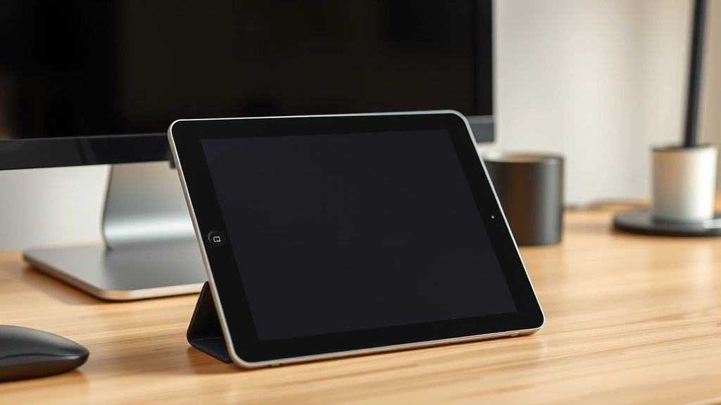 Tablet device in portrait orientation on desk next to rotated monitor display, showing different screen orientation uses in workspace