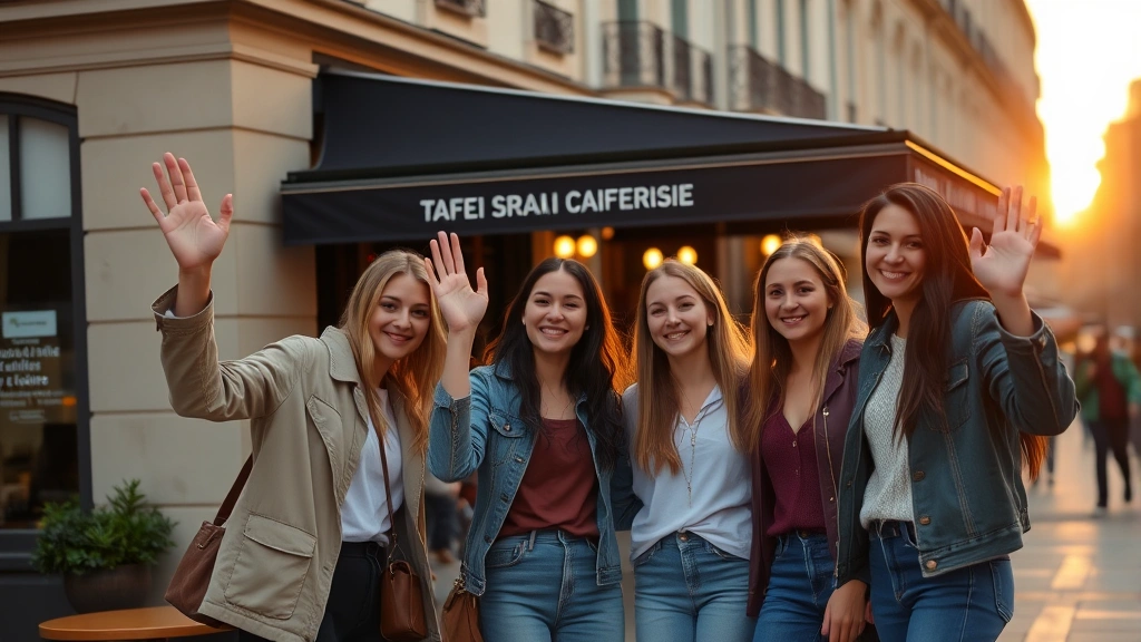 Group of young French friends waving goodbye outside a Parisian café at sunset, casual clothing, relaxed body language, warm natural lighting, European architecture in background