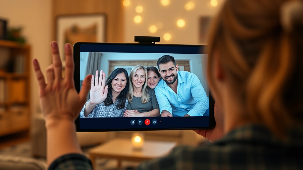 Woman on a video call waving goodbye to family members on screen, cozy home setting, genuine emotion, warm indoor lighting, showing virtual farewell communication