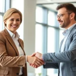 Two people shaking hands professionally in a bright office setting, both smiling with genuine warmth, natural lighting from windows, business casual clothing, conveying respect and professional connection during a formal goodbye moment