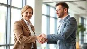Two people shaking hands professionally in a bright office setting, both smiling with genuine warmth, natural lighting from windows, business casual clothing, conveying respect and professional connection during a formal goodbye moment