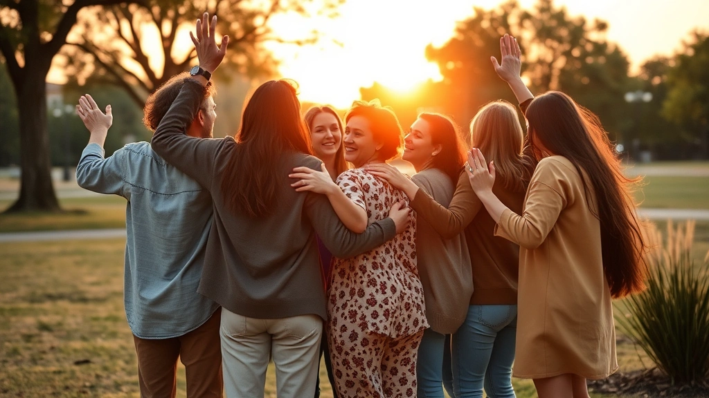 Group of diverse friends embracing and waving goodbye in a casual outdoor park setting during sunset, warm golden hour lighting, relaxed body language, showing genuine affection and joy during a friendly farewell