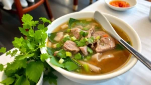 A steaming bowl of authentic pho with fresh herbs, lime, and beef in clear broth, served in a traditional Vietnamese restaurant setting with chopsticks and spoon on white tablecloth