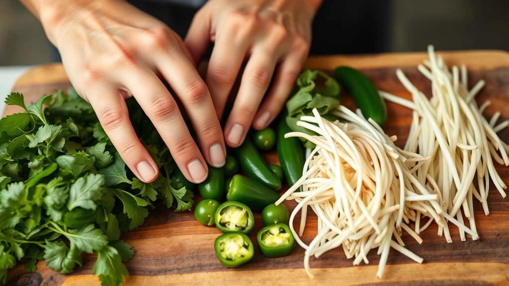 Close-up of a Vietnamese chef's hands preparing fresh pho ingredients including basil, cilantro, jalapeños, and bean sprouts arranged on a rustic wooden cutting board