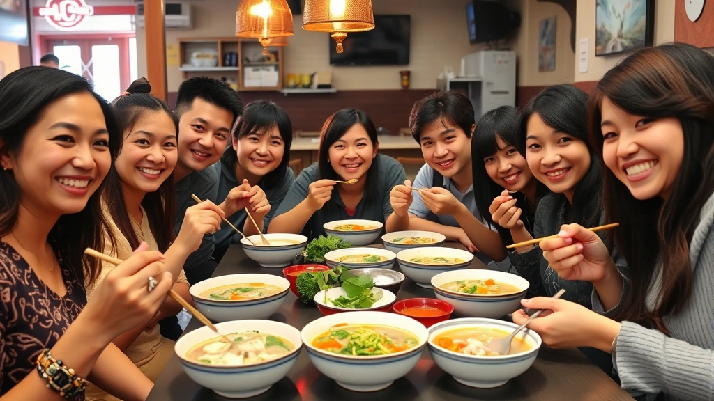 A diverse group of people enjoying pho together at a casual Vietnamese restaurant, smiling while eating from bowls, showing cultural appreciation and dining experience