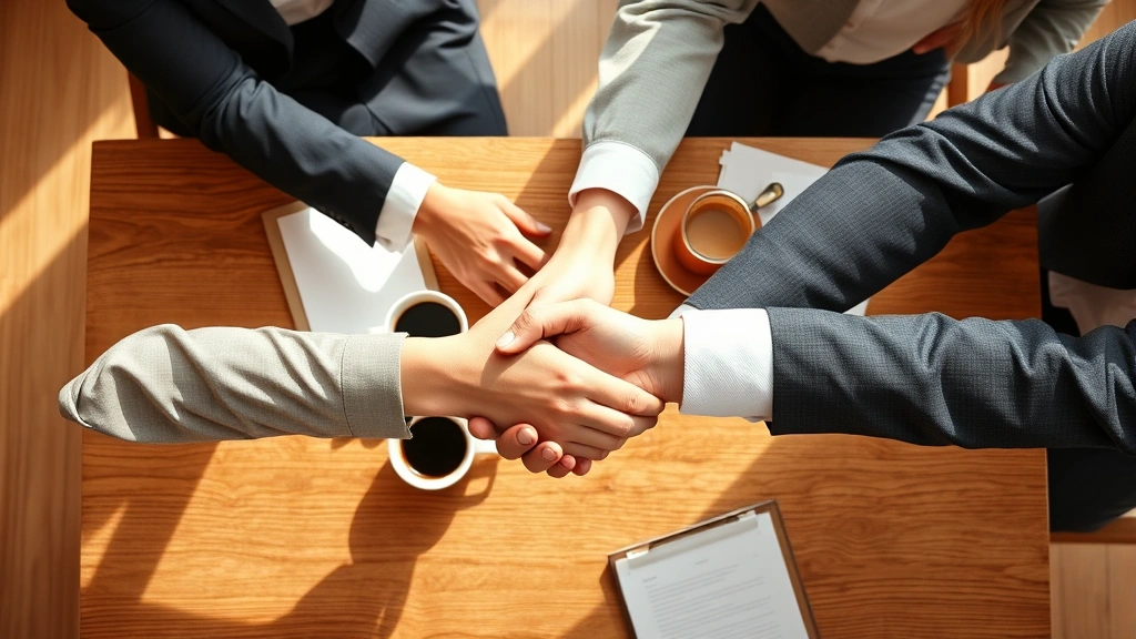 Overhead view of two people shaking hands at a wooden table with coffee cups, warm natural lighting, professional but friendly atmosphere showing gratitude and appreciation