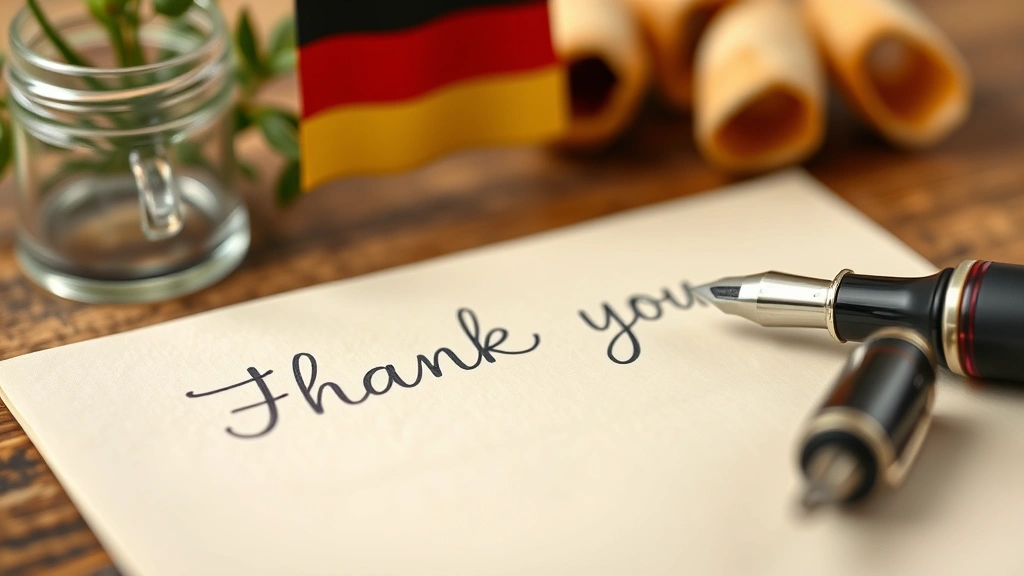 Close-up of a handwritten thank you note in German script on cream-colored paper with a fountain pen nearby, soft focus background with German cultural elements like a small flag
