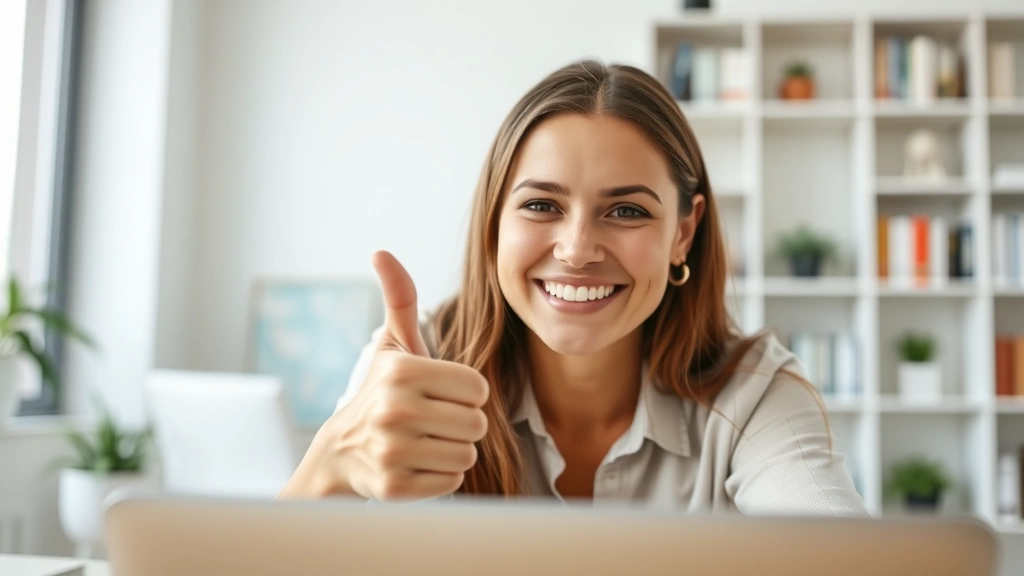 Close-up of a woman's face during a video call on a laptop, giving enthusiastic thumbs up gesture with genuine smile, professional home office background with bookshelf, bright natural lighting, authentic moment of positive affirmation