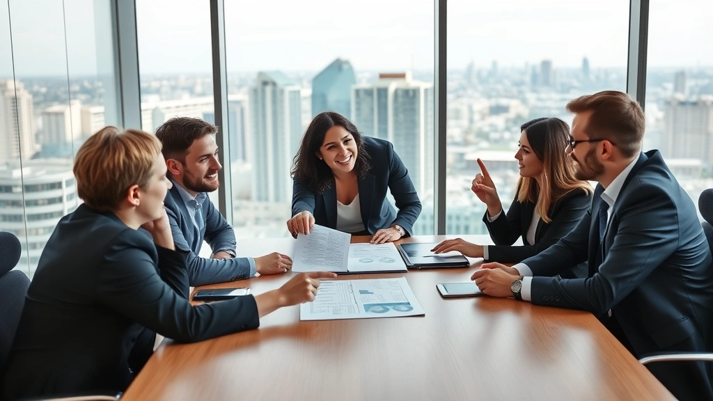 A business meeting scene with professionals around a conference table, one person pointing to a document while others nod in agreement, modern office setting with large windows overlooking a city, collaborative and positive energy, professional attire