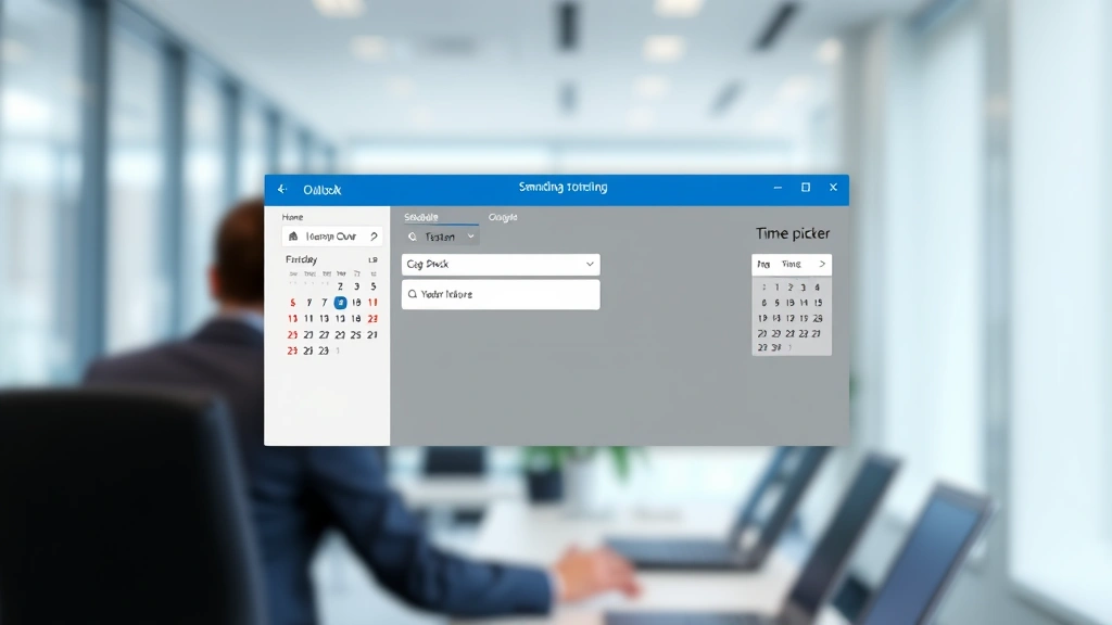 Split-screen showing Outlook schedule send dialog box with calendar and time picker interface, professional business setting with blurred office background