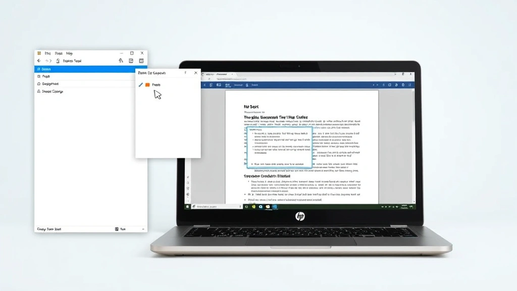 Split-screen showing Windows Snipping Tool interface open on left side of HP notebook screen with rectangular selection box visible over a document or website