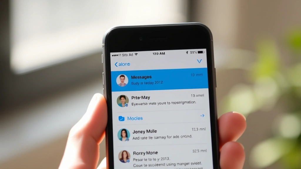 Person holding iPhone showing the Messages app conversation thread with a contact, displaying message history before blocking, bright natural lighting