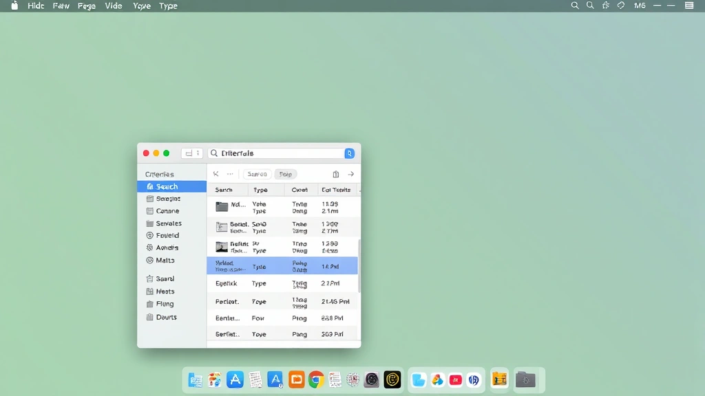 Mac desktop showing Finder window with Smart Folders interface, search criteria options visible, multiple files filtered by type in results, clean modern aesthetic