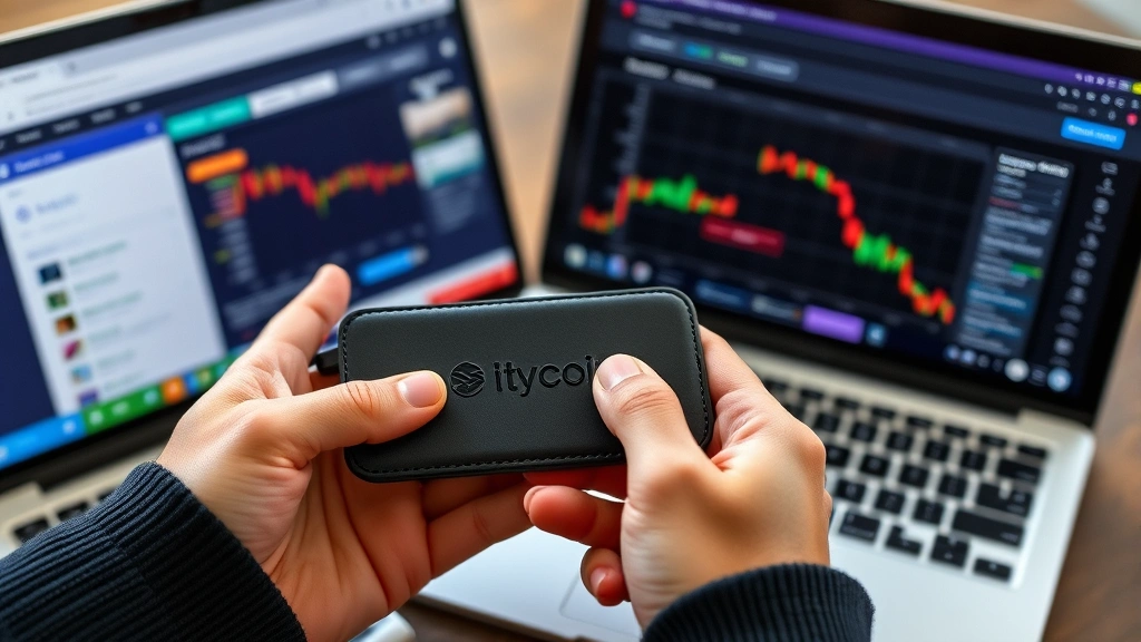 Hands holding a hardware wallet device next to a laptop displaying exchange website, representing secure cryptocurrency storage and transfer preparation for selling digital assets