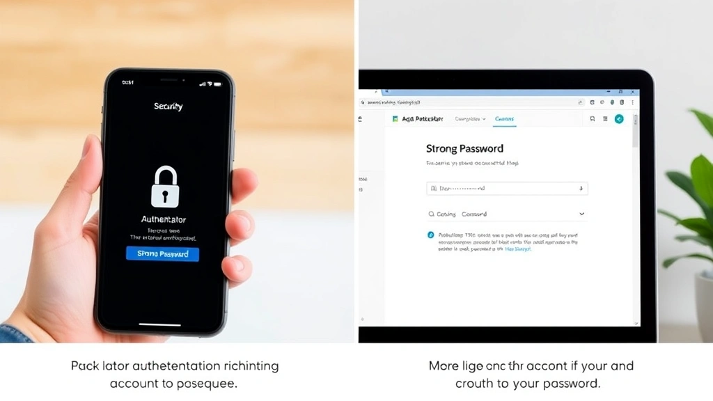 Split-screen comparison showing security features: authenticator app on phone screen and strong password creation on computer, illustrating two-factor authentication and account protection methods