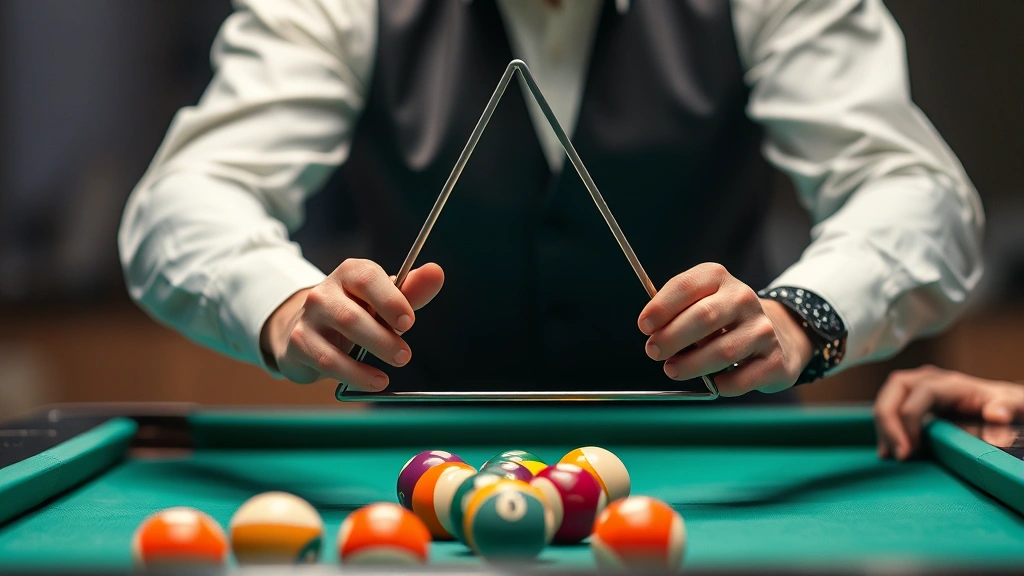 Professional pool player's hands lifting triangle rack straight up from table with compressed ball formation visible, demonstrating proper vertical lifting technique with blurred table background