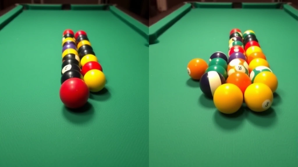 Comparison split-screen showing correct vs incorrect pool ball rack setup side-by-side, left side perfectly compressed with tight ball contact, right side loose and improperly arranged, same lighting conditions