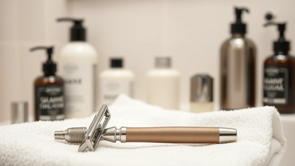 Close-up of quality razor and shaving cream bottles on clean white towel, bathroom setting, professional grooming products