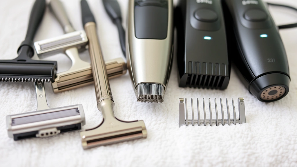 Close-up of quality safety razors and electric trimmers arranged on clean white towel, showing different grooming tools options