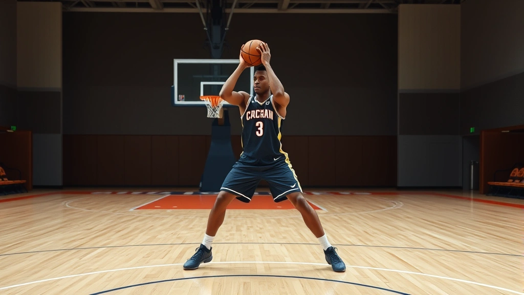 Professional basketball player demonstrating proper shooting stance with feet shoulder-width apart, knees bent, shoulders squared to basket, wearing basketball uniform on indoor court