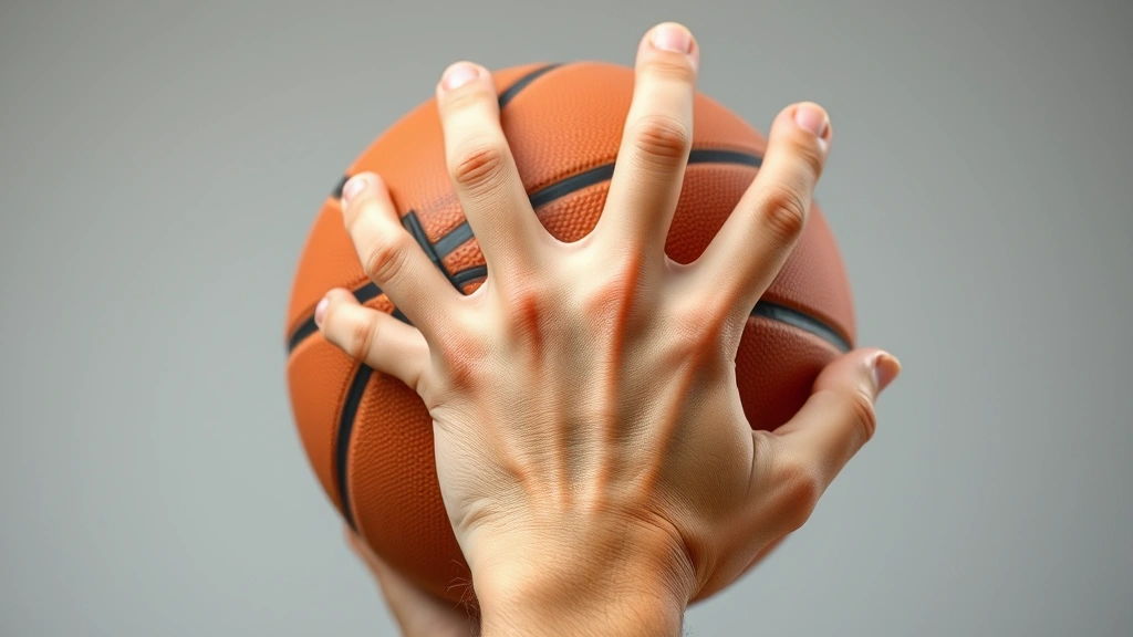 Close-up of hands gripping basketball correctly with fingertips, showing proper guide hand position and wrist alignment during shooting motion setup