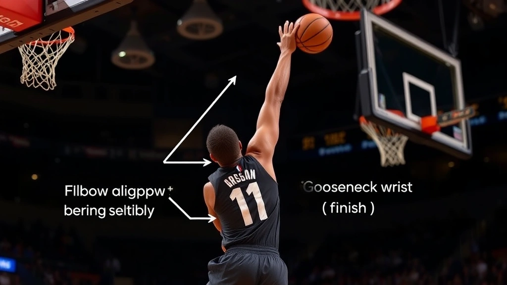 Basketball player mid-jump shot with arm extended upward in follow-through position, showing proper elbow alignment and gooseneck wrist finish, ball in air near basket