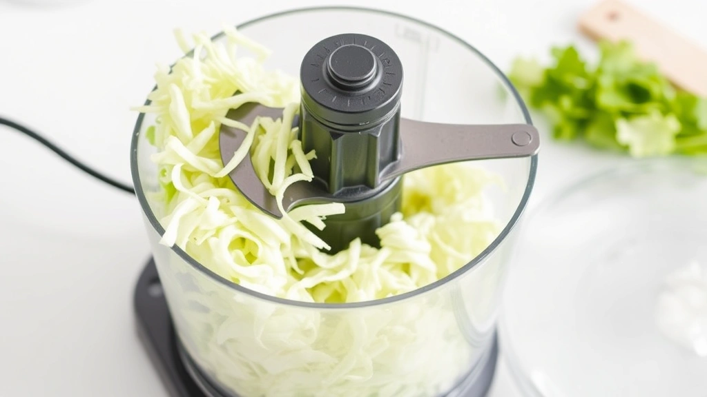 Food processor with shredding blade attachment processing fresh cabbage, showing shredded results in glass bowl with lid nearby