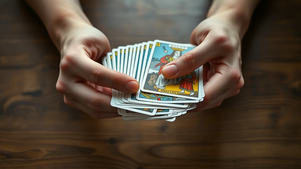 Close-up of hands performing overhand shuffle with colorful tarot deck face-down, cards mid-motion between hands, soft natural lighting, wooden table surface