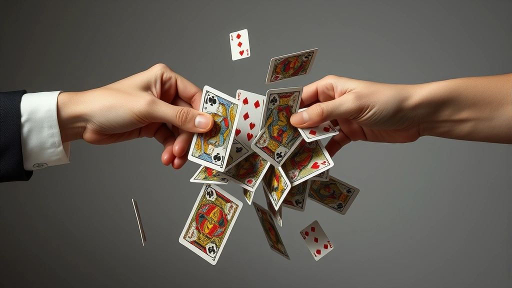 Hands executing riffle shuffle cascade with tarot cards cascading between two packets, cards interlocking mid-fall, dramatic motion capture, neutral background