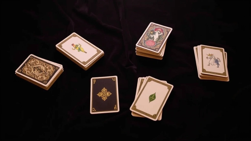 Four piles of tarot cards arranged on dark velvet surface, cards face-down with visible card backs, organized layout showing pile shuffle method, warm ambient lighting