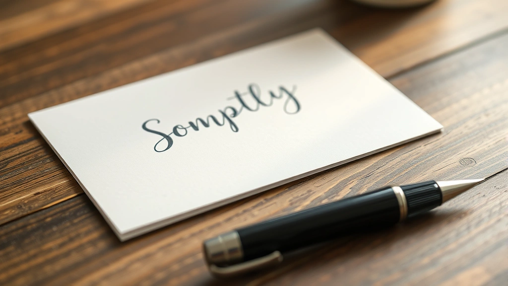 Close-up of a handwritten sympathy card on a wooden table with a pen nearby, showing elegant cursive writing, soft natural lighting, neutral background with subtle texture