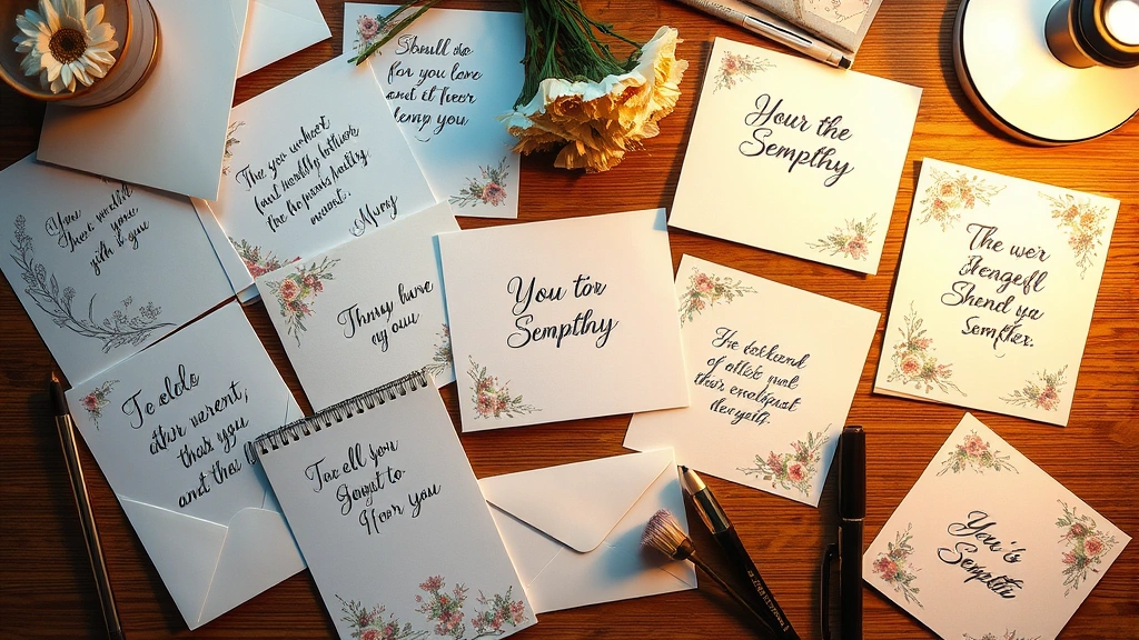 Overhead view of multiple sympathy cards spread out on a desk with flowers, envelope, and writing materials, warm ambient lighting highlighting the cards' textures and personal touches