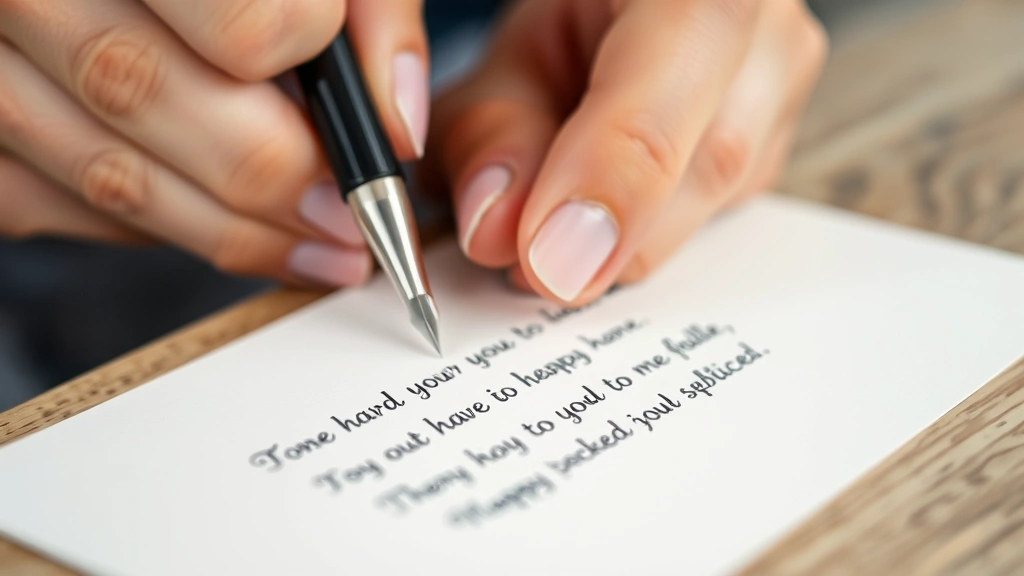 Detail shot of someone writing a heartfelt message in a sympathy card with a fountain pen, focusing on the handwriting and emotional gesture, soft focus background with neutral tones