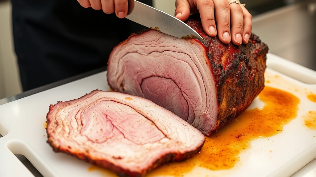 Pitmaster using long carving knife to slice rested brisket at 45-degree angle, smoke ring visible on meat surface, juices visible on cutting board, clean workspace with serving platter ready