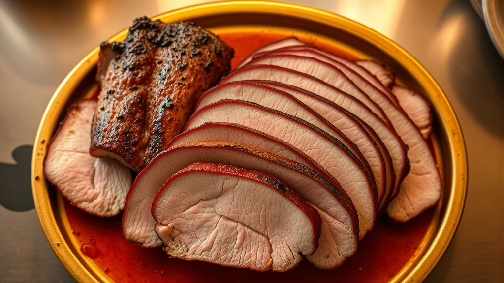 Overhead view of perfectly sliced brisket arranged overlapping on warm serving platter, uniform slice thickness, pink smoke ring visible, warm ambient lighting from kitchen, professional presentation