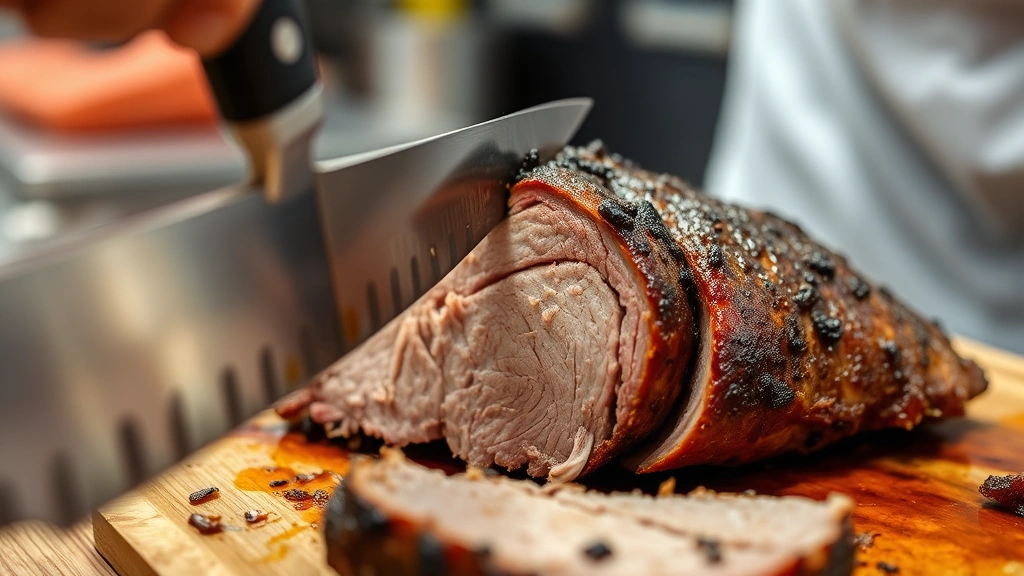 Close-up of sharp brisket knife slicing through cooked brisket showing clean cross-section, warm meat interior, professional kitchen setting with cutting board