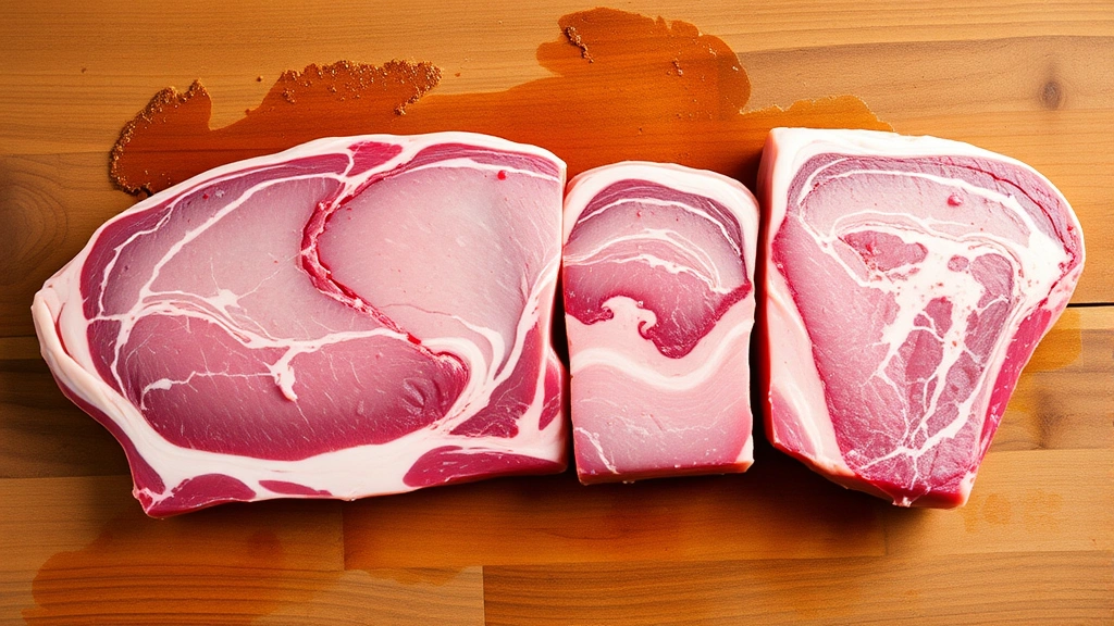 Separated brisket flat and point muscles displayed on wooden cutting board, showing different grain patterns and marbling, natural lighting