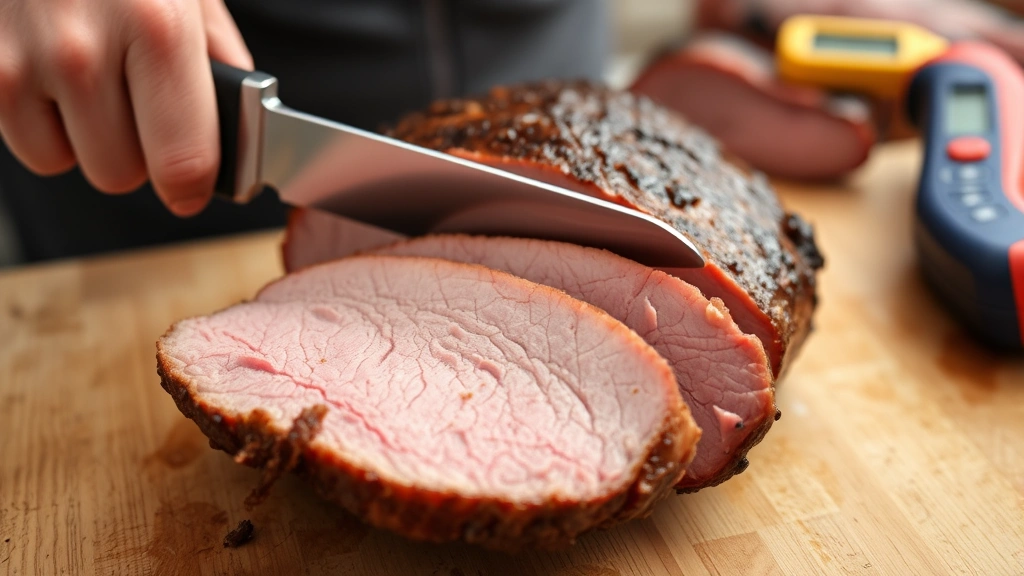 Hand holding brisket flat steady while sharp slicing knife cuts perpendicular to visible grain lines, creating uniform thin slices, meat thermometer visible in background