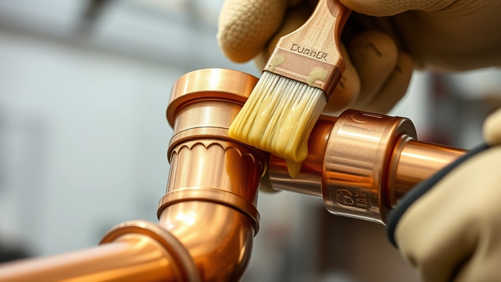 Close-up of copper pipe and fitting with flux brush applying pale yellow flux paste to clean shiny copper surfaces, hands wearing heat-resistant gloves, bright workshop lighting